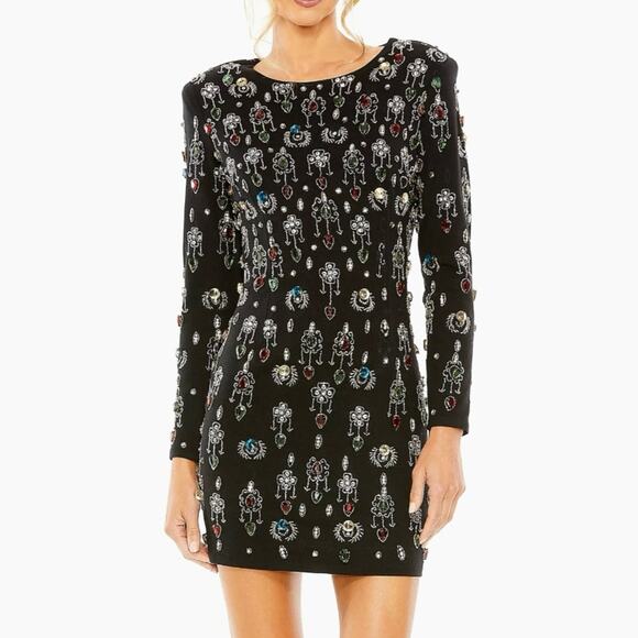 Mac Duggal Jewel Embellished Velvet Long Sleeve Black Mini Dress Size 4 - Picture 1 of 16
